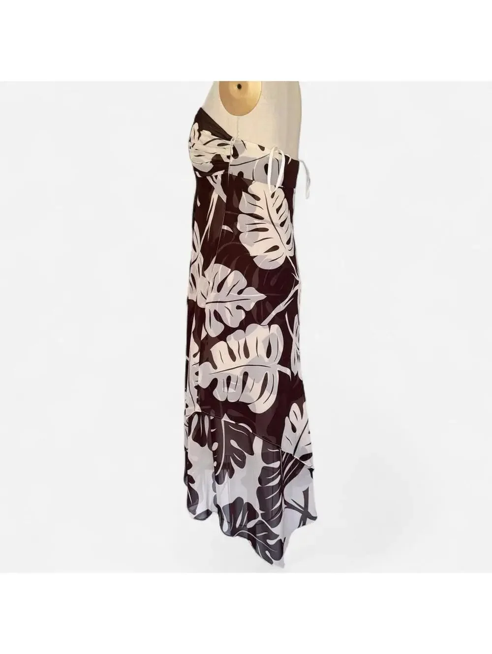Y2K Tropical Brown Strapless Dress White Leaf Print B.Moss